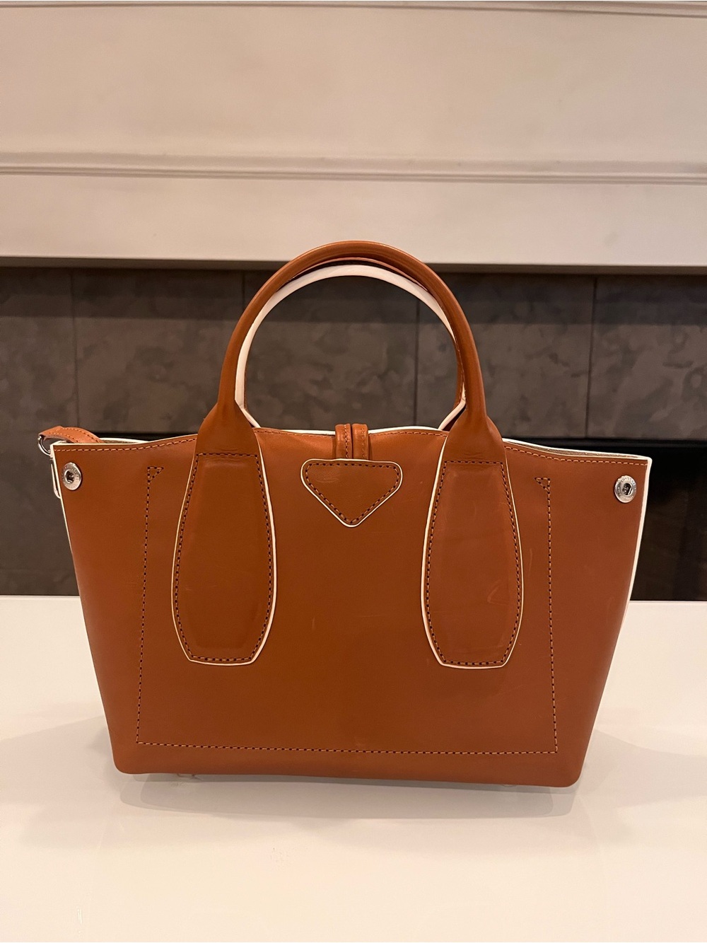 NWOT Longchamp Roseau Small Leather Top Handle Crossbody Bag Cognac w/ Dust Bag - Picture 3 of 9